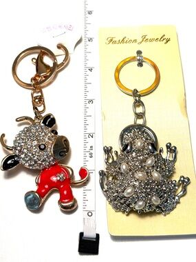 Crystal Bull Keychain with Red Enamel Outfit and frog keychain with faux pearls
